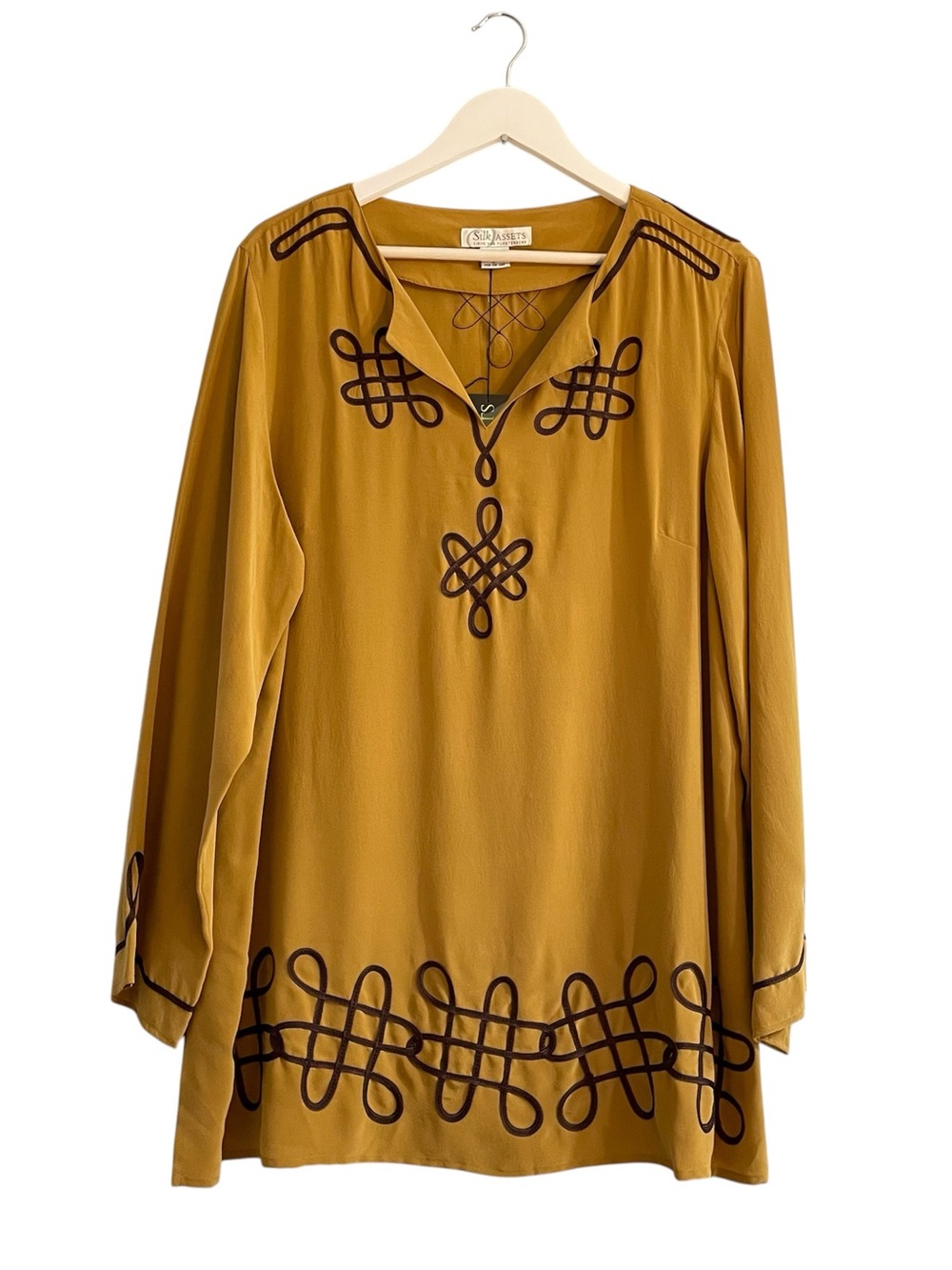 vintage Diane von Furstenberg "Silk Assets" embroidered silk tunic blouse brown